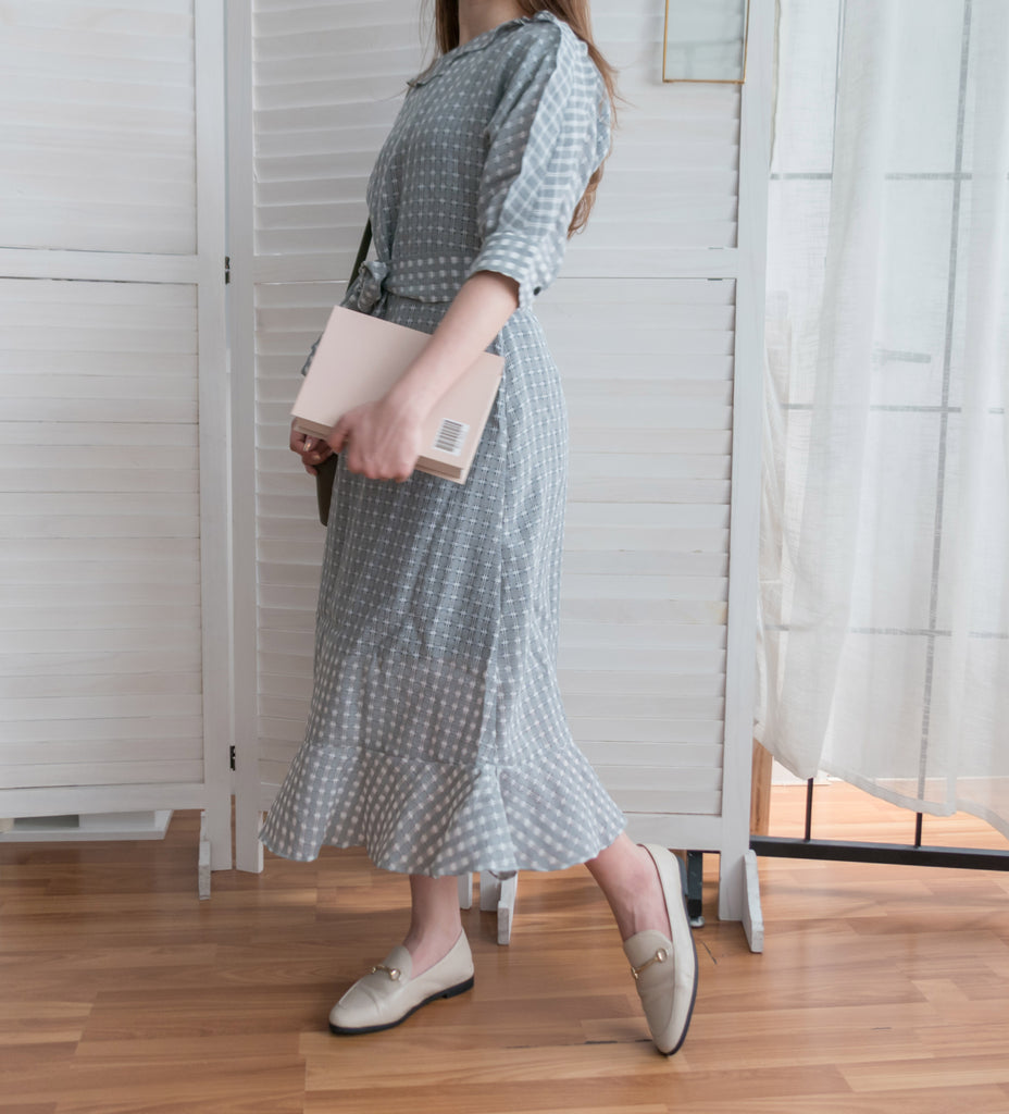 Elegant Check 細緻船領荷葉邊織格紋連身裙, Dress/ DS9193 (light yellow soldout)