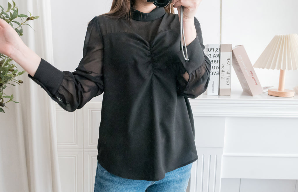 Dating 黑色拼接寬鬆圓領車皺胸口, Blouse/ BU8909