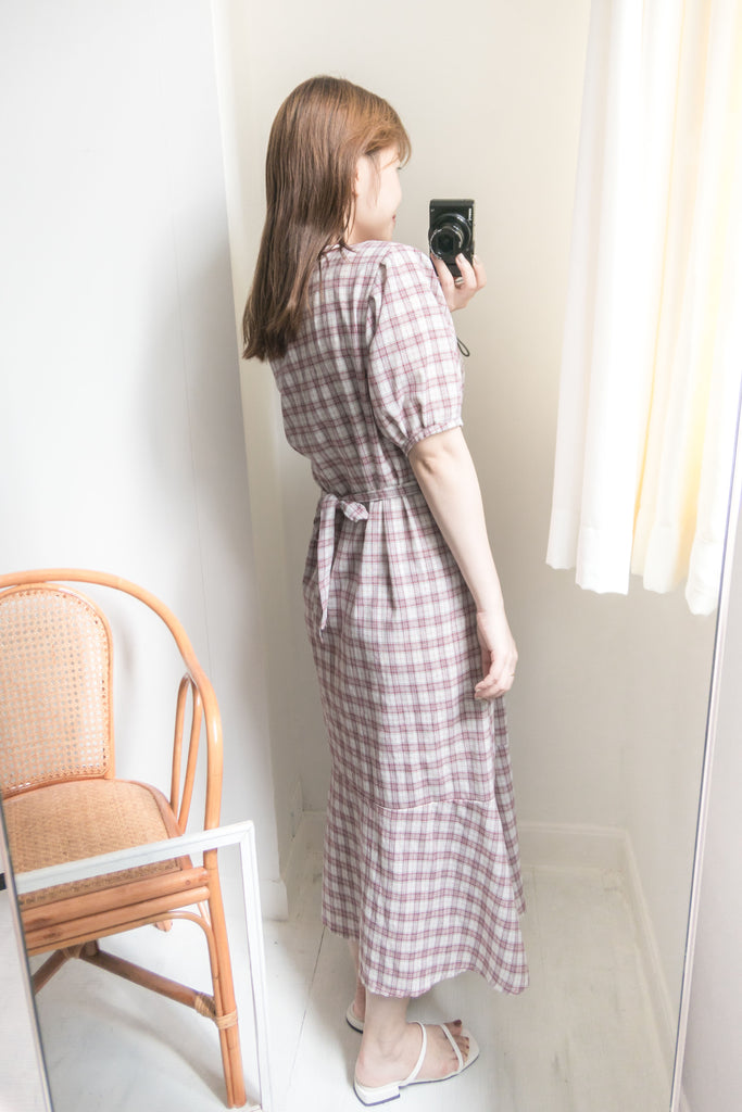V領紅色格仔自訂修腰Ruffle尾, Dress/ L001