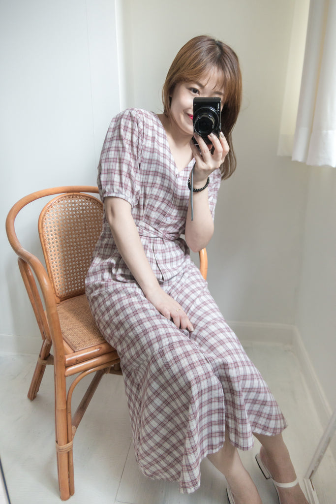V領紅色格仔自訂修腰Ruffle尾, Dress/ L001