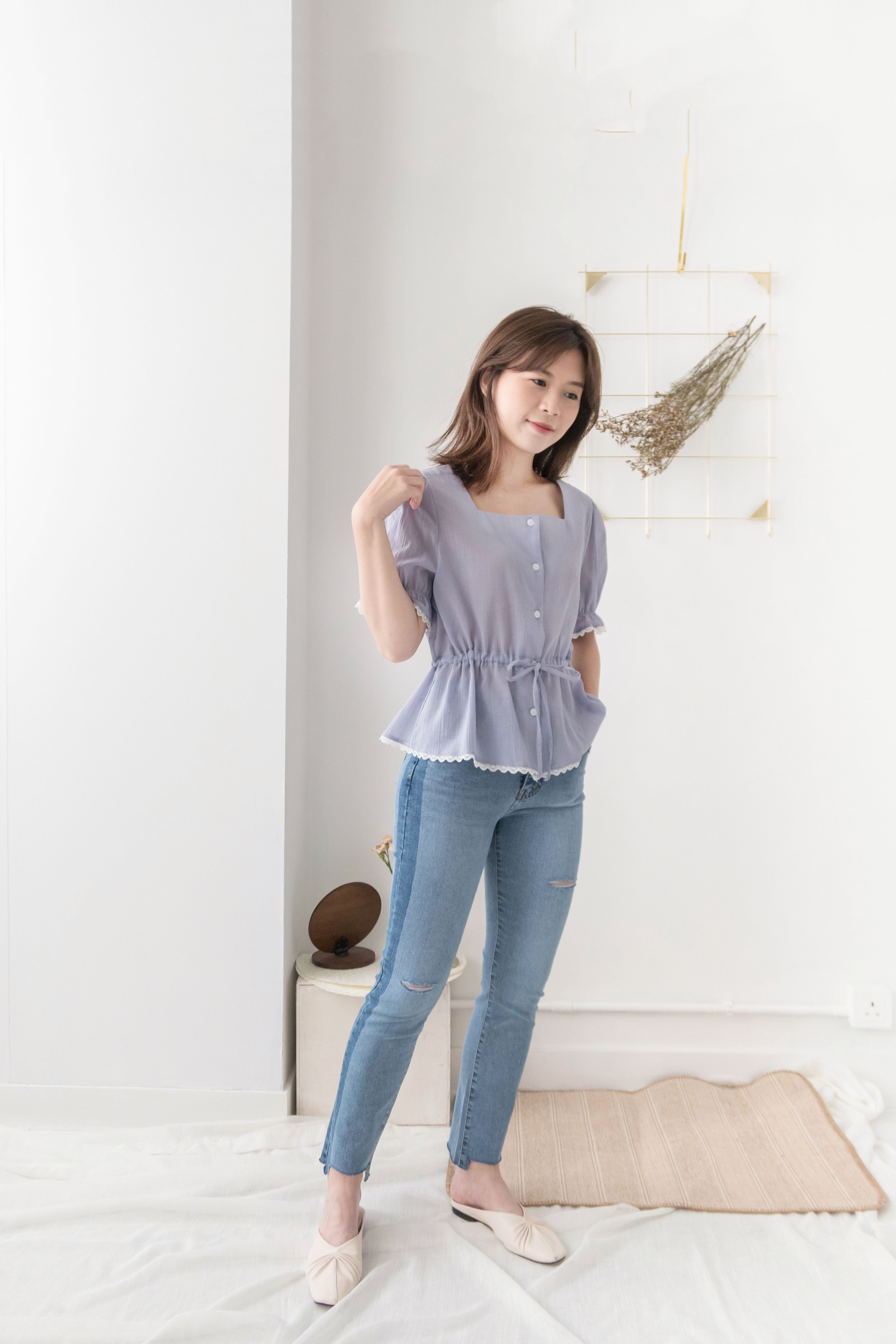 Side border 全條彈性低調小破洞雙色牛仔褲, Jeans/ PT8281