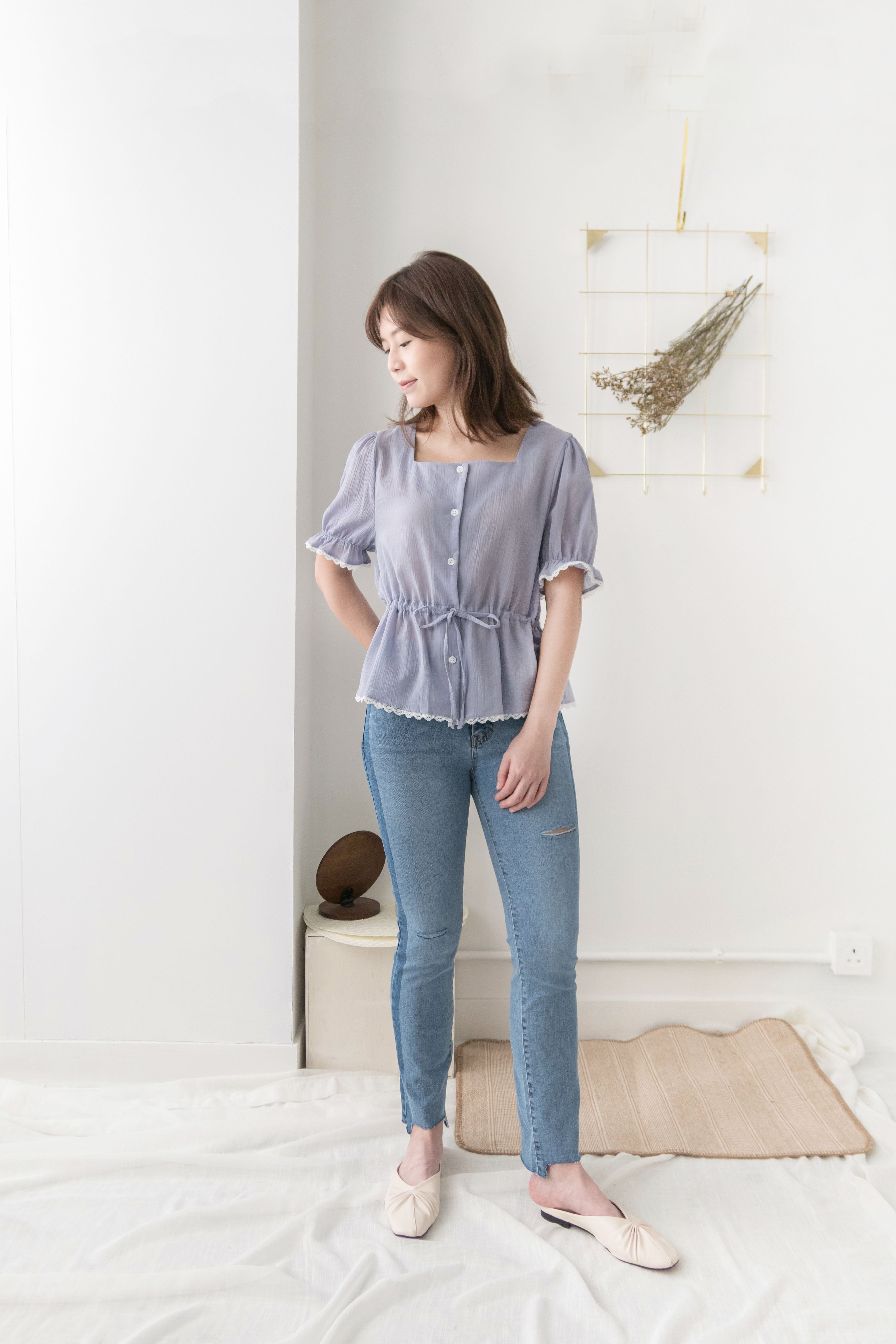 Side border 全條彈性低調小破洞雙色牛仔褲, Jeans/ PT8281
