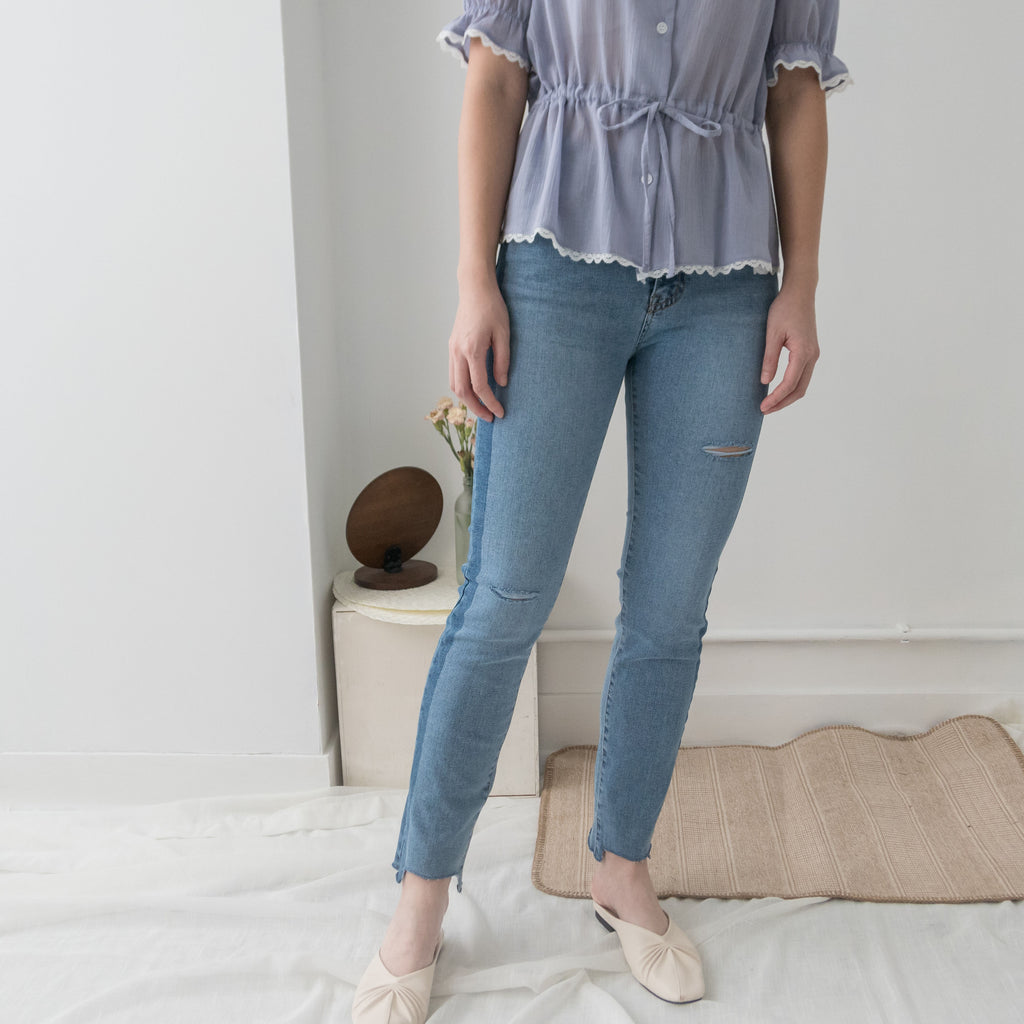 Side border 全條彈性低調小破洞雙色牛仔褲, Jeans/ PT8281