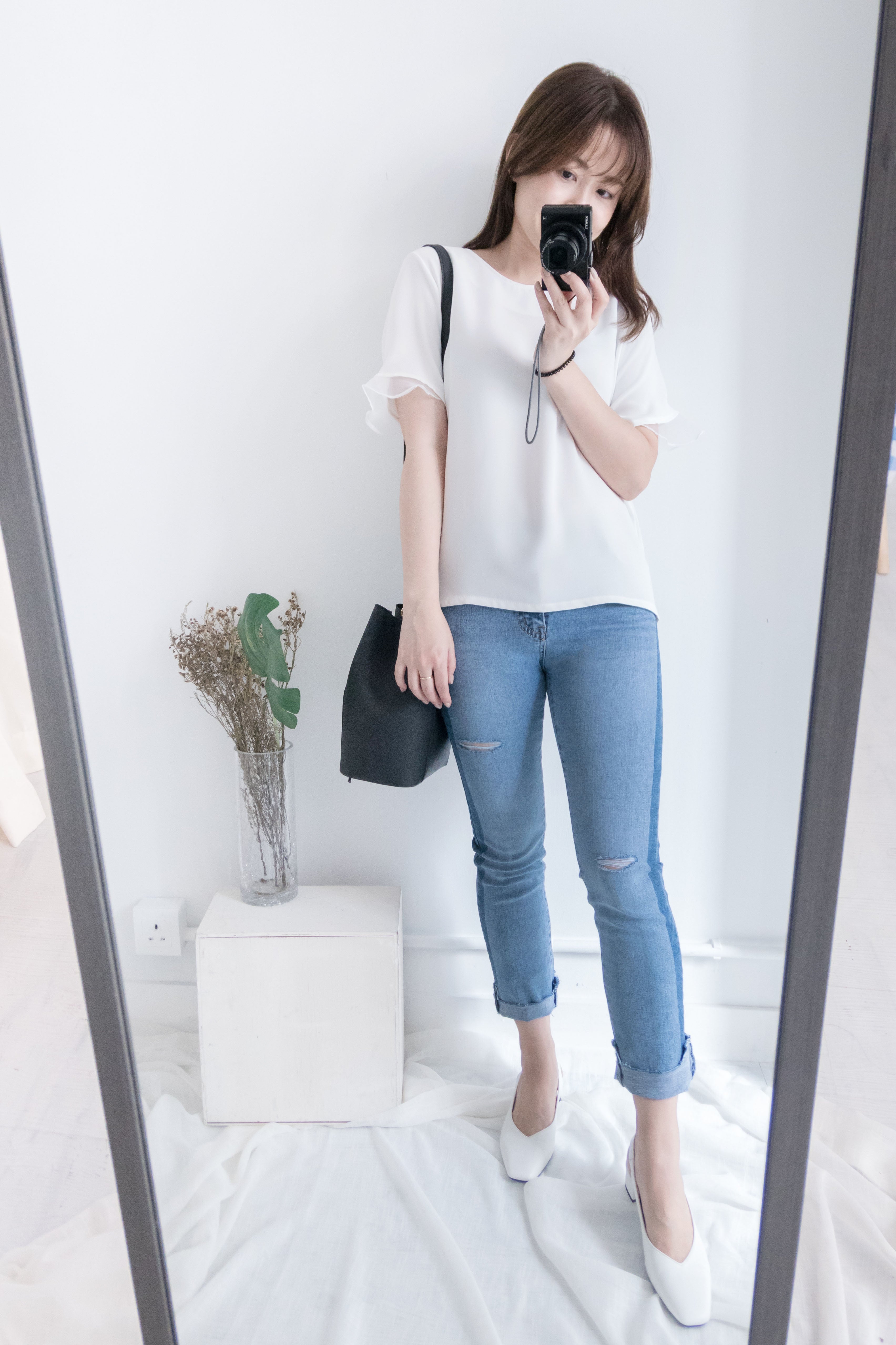 Side border 全條彈性低調小破洞雙色牛仔褲, Jeans/ PT8281