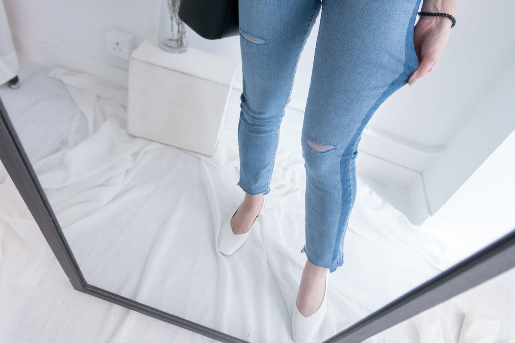 Side border 全條彈性低調小破洞雙色牛仔褲, Jeans/ PT8281