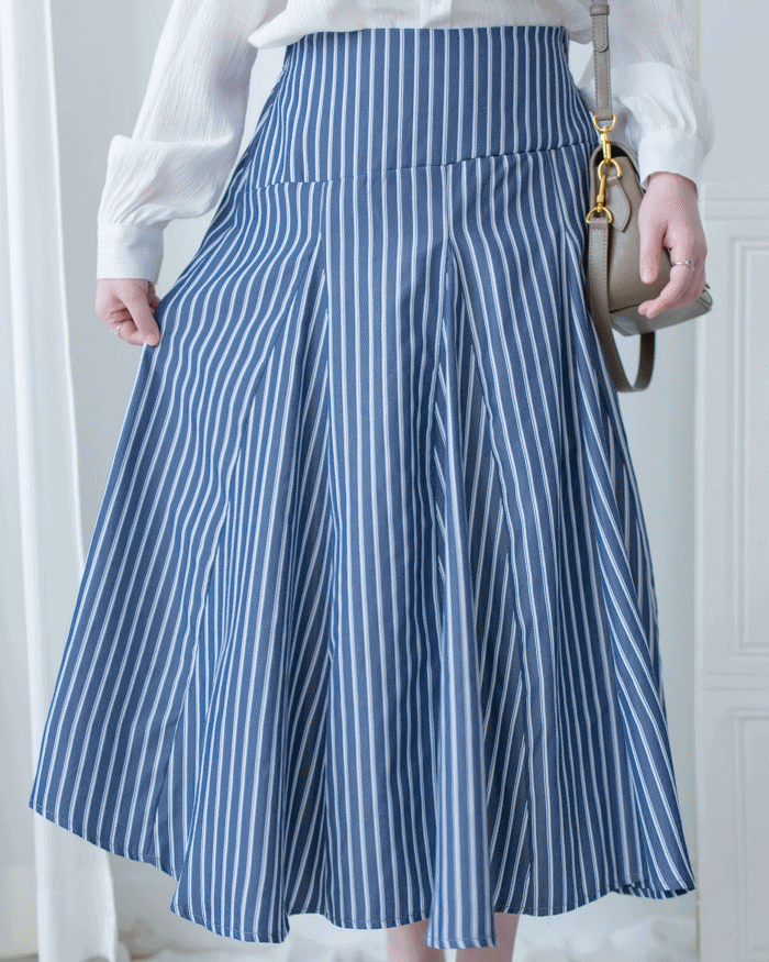 Blue Striped Skirt 法藍色細條紋腰間微修傘裙/ SK8937