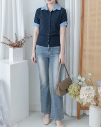 Stripe Collar Top  仿恤衫外穿針織彈性修身上衣/ TP9233