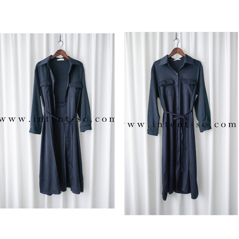 [限量現貨回歸] Navy 微光澤雙口袋修腰知性連身裙或外套, Dress/ DS9324