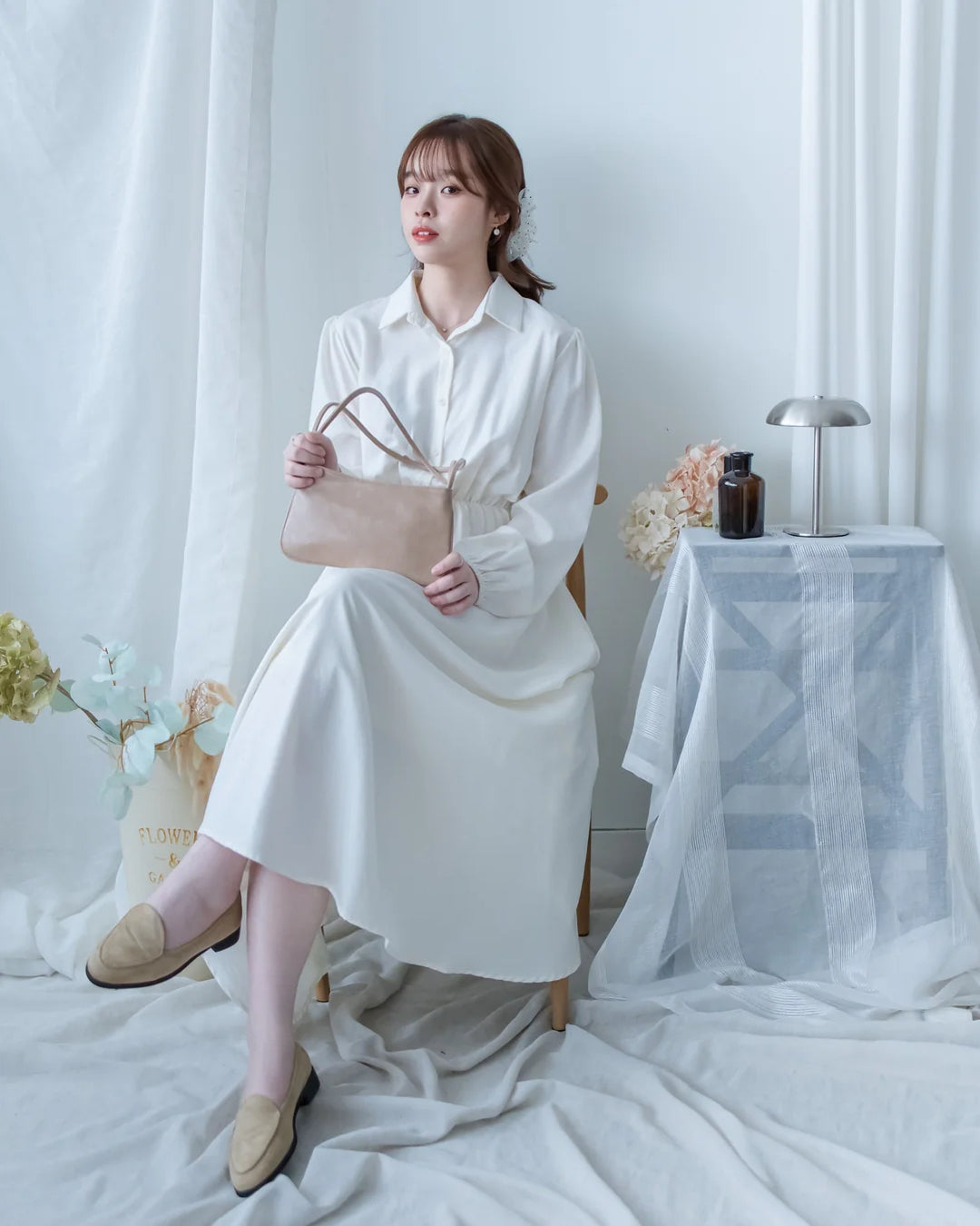 Shirt Dress 知性翻領橡筋腰線微絨連衣裙/ DS1195