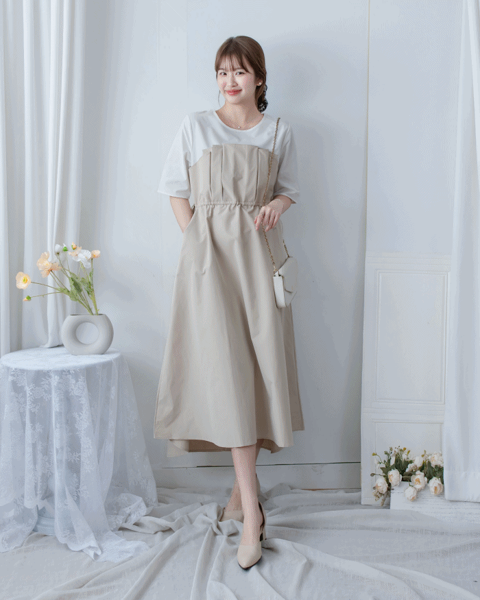 Spliced Beige Dress 拼接立體層次彈性修腰連身裙/ DS1097(pre-order)