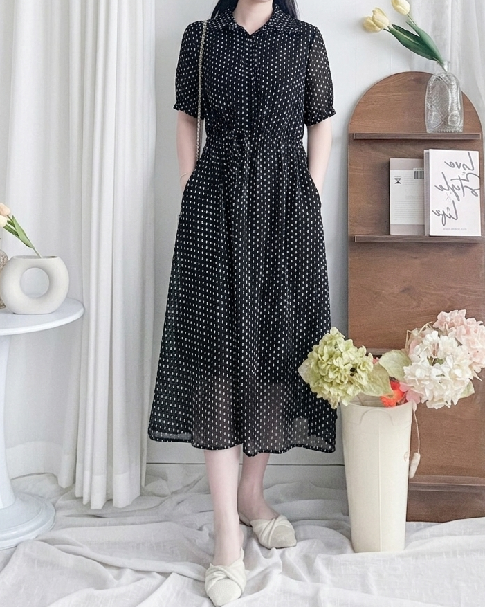 [Intent x Korea label] Rhombus Dress  菱形印花雪紡隨性口袋連身裙/ DS9987