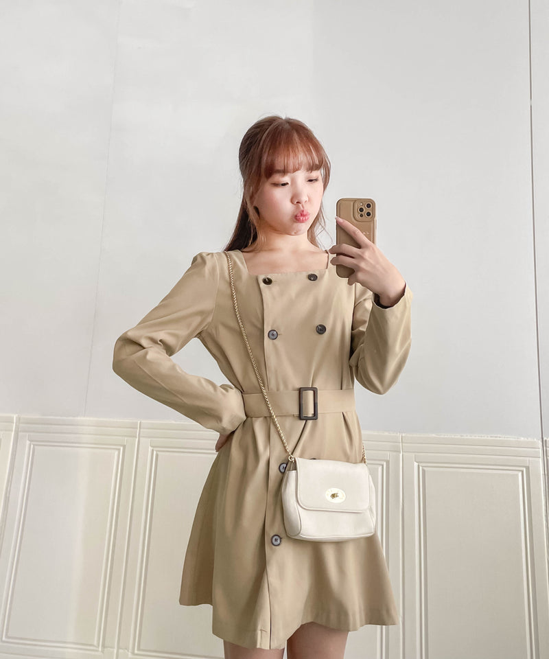 Trench 方領風衣雙排鈕雲石腰帶連身裙, Dress/ DS9333 （navy sold out)