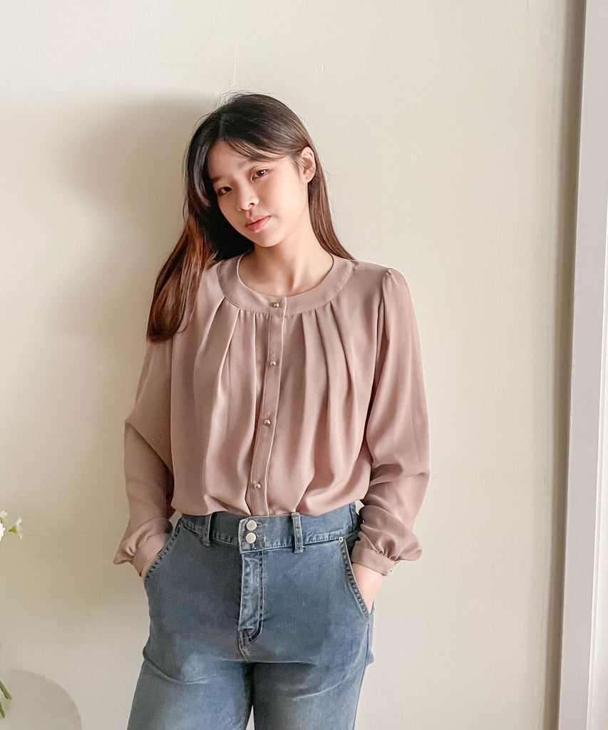 Pleated Collar 車褶圓領圓金鈕雪紡上衣, Blouse/ BU8973