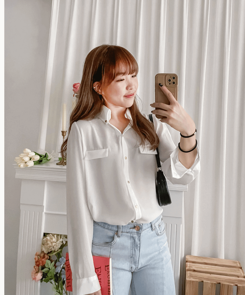 Button Collar 磨砂金鈕裝飾質感雪紡上衣, Blouse/ BU8972