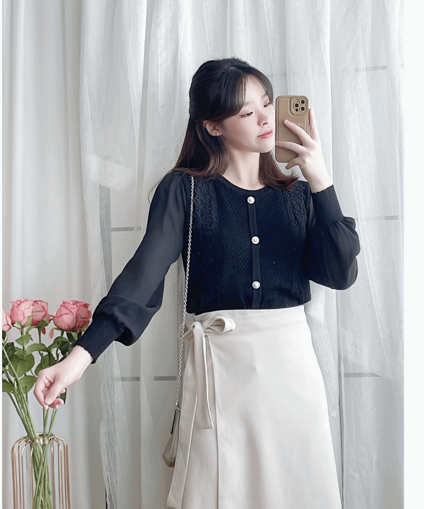 Chiffon Sleeve 花邊領口彈性針織雪紡手袖裝飾鈕, Blouse/ CD8124  (不設訂貨款)