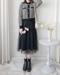 【現貨限量回歸 新增𝔹𝕝𝕒𝕔𝕜 ✨】COCO Dress 優雅千鳥格紋黑色紗裙假兩件連身裙/ DS1033