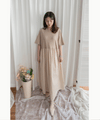 Beige 彈性棉質皺褶腰間大擺連身裙, Dress/ DS9321