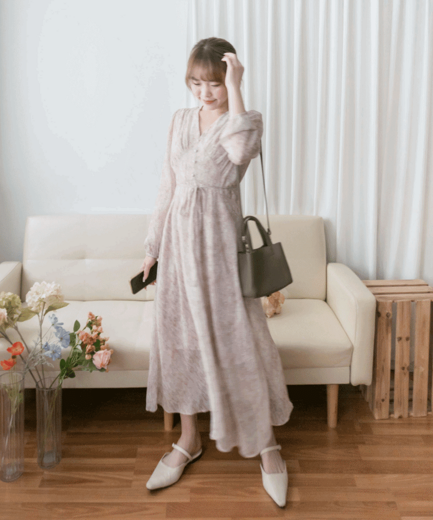 Marble Floral 雲石花花菱格腰間鈕扣後橡筋, Dress/ DS9347