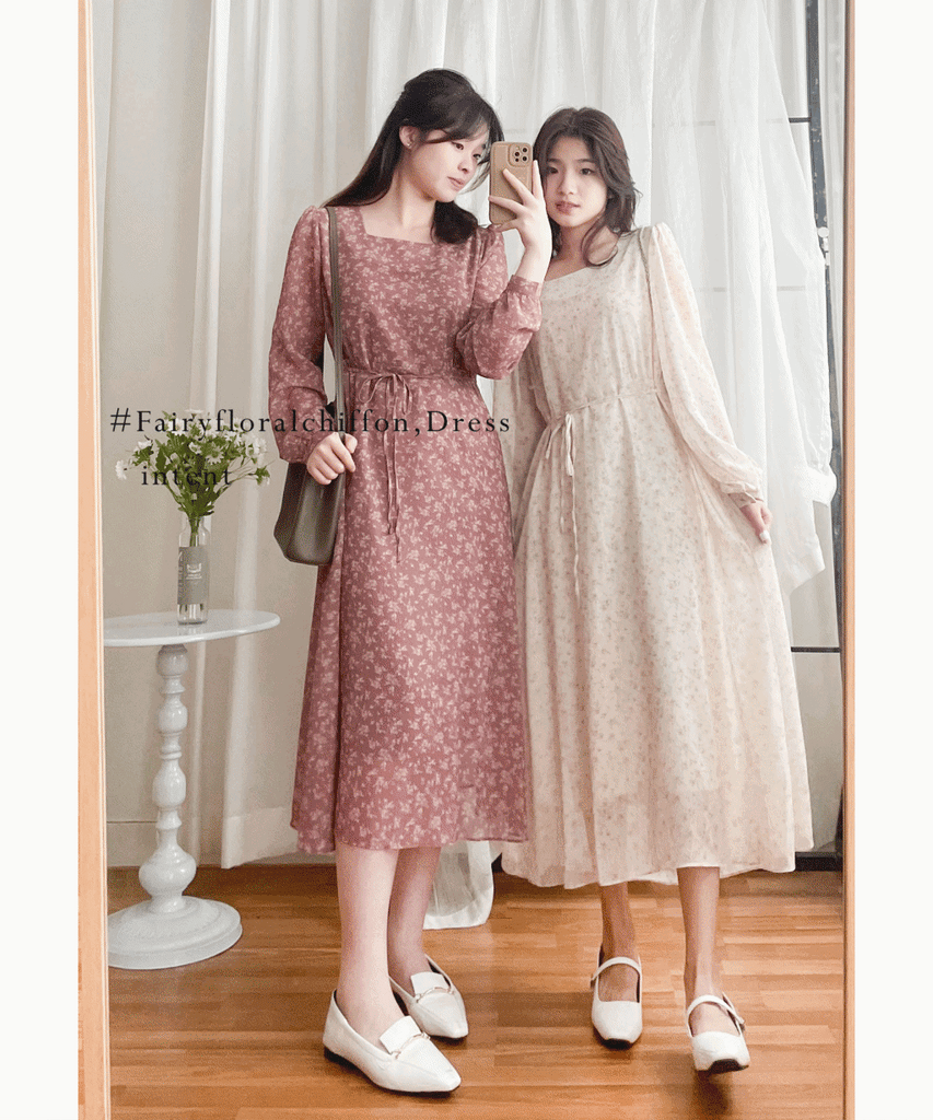 Garden Floral 輕盈方領雪紡碎花飄逸連身裙, Dress/ DS9349