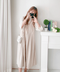 【intent X Korea label】 Beige Vest  淺杏暗紋微絨口袋腰間大百褶, Dress/  DS9369