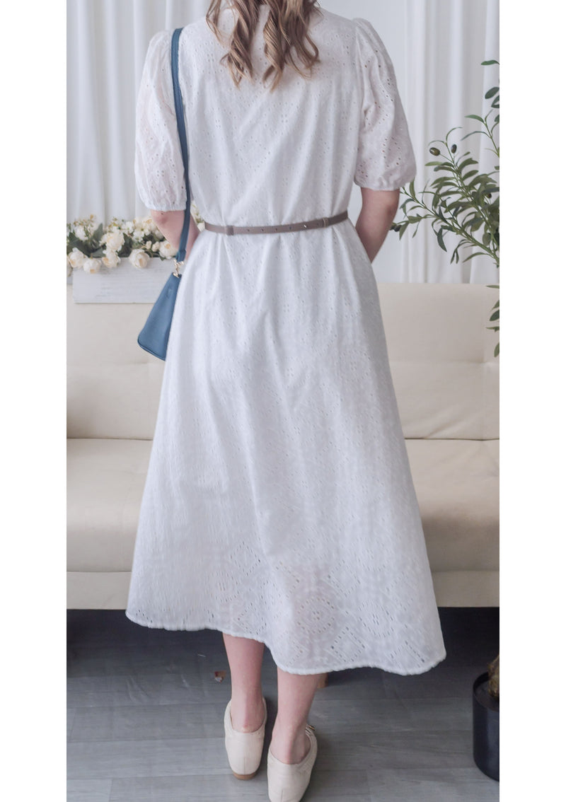 [限量現貨回歸 White］Embriodery Dress V領鏤空刺繡舒適連身裙/ DS9954