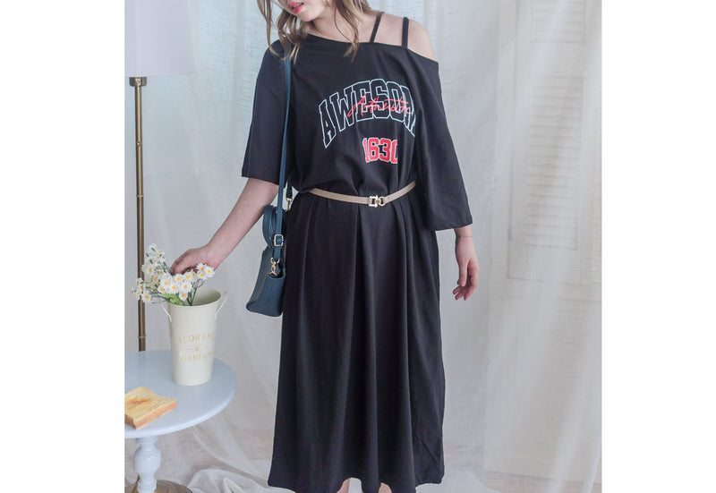 Aesthetic Dress 隨性慵懶雙帶單肩T恤裙/ DS9963