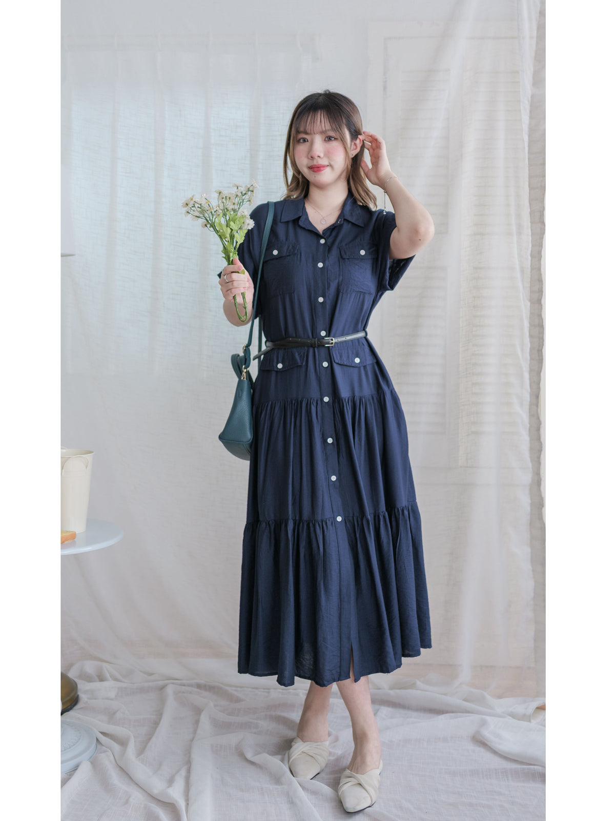 [ 限時重開訂購🕣 ]（連腰帶) Sophisticated Dress 深藍口袋襯衫連身裙/ DS9966