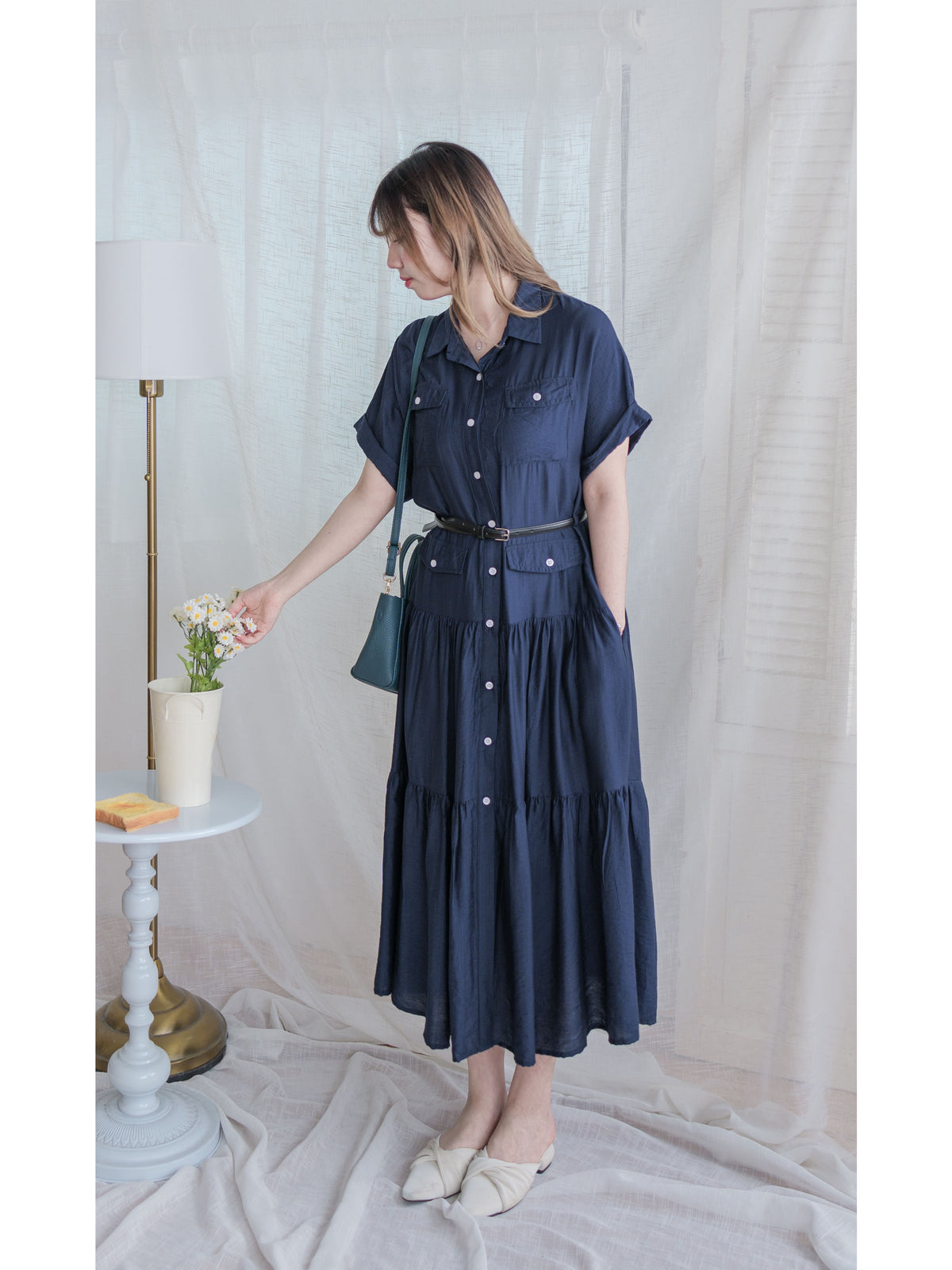 [ 限時重開訂購🕣 ]（連腰帶) Sophisticated Dress 深藍口袋襯衫連身裙/ DS9966