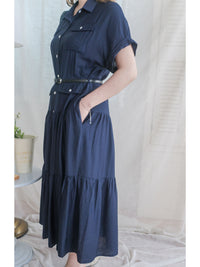 [ 限時重開訂購🕣 ]（連腰帶) Sophisticated Dress 深藍口袋襯衫連身裙/ DS9966