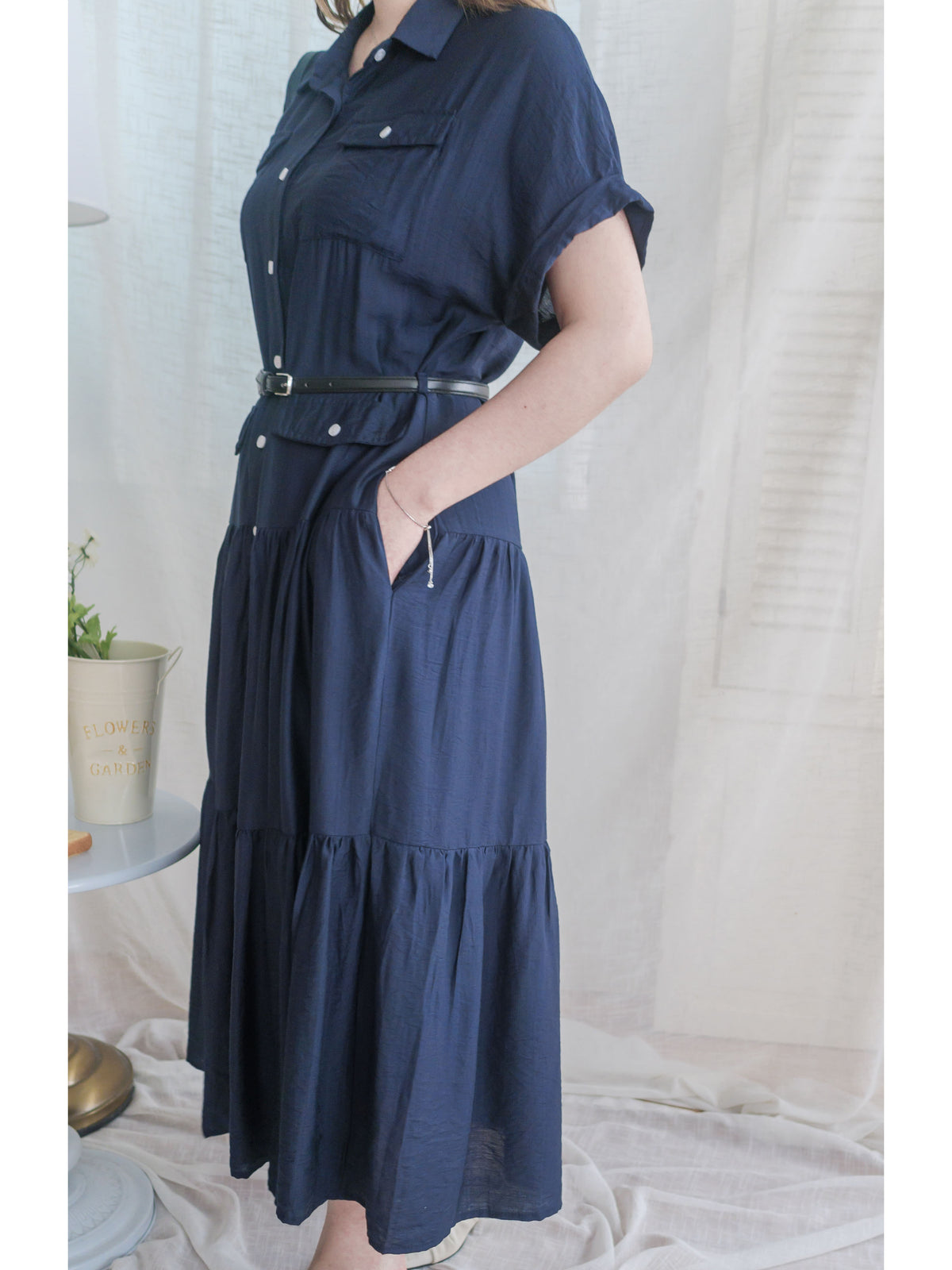 [ 限時重開訂購🕣 ]（連腰帶) Sophisticated Dress 深藍口袋襯衫連身裙/ DS9966