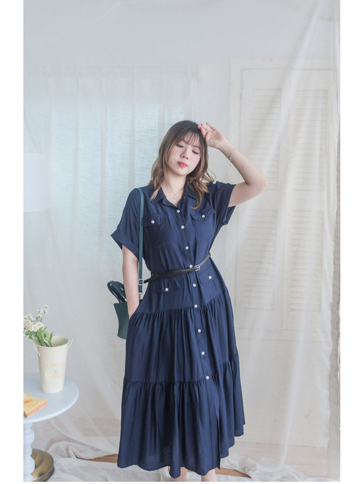 [ 限時重開訂購🕣 ]（連腰帶) Sophisticated Dress 深藍口袋襯衫連身裙/ DS9966