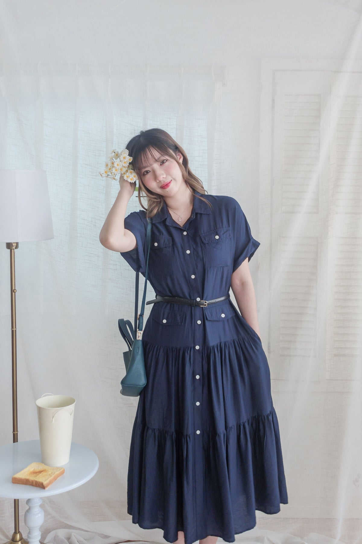 [ 限時重開訂購🕣 ]（連腰帶) Sophisticated Dress 深藍口袋襯衫連身裙/ DS9966