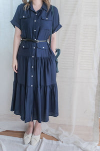 [ 限時重開訂購🕣 ]（連腰帶) Sophisticated Dress 深藍口袋襯衫連身裙/ DS9966