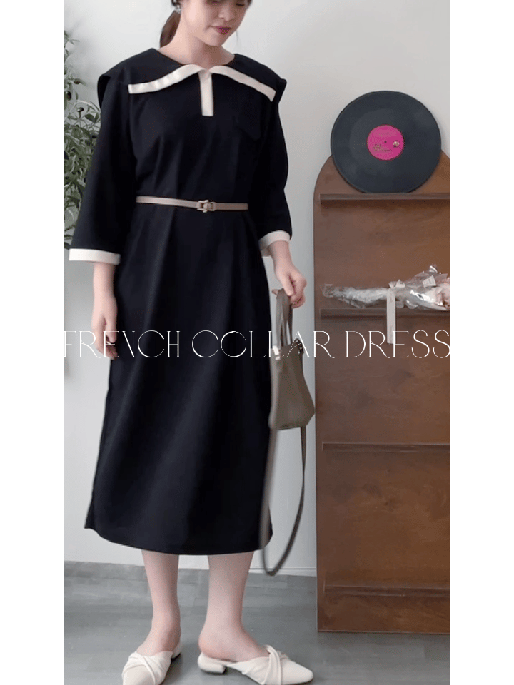 [限量現貨回歸]  French Collar Dress 黑白翻領設計中袖彈性連身裙/ DS9663