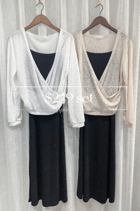 (一set兩件) Wrap Set 疊領褶紋尾薄外衣+黑色顯瘦彈性吊帶裙套裝/ DS9641 – INTENT style collection