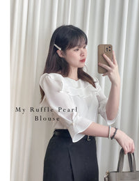 (不透肉雪紡) My ruffle Pearl, Blouse 不透肉雪紡立體荷葉珍珠手袖上衣/ BU9059