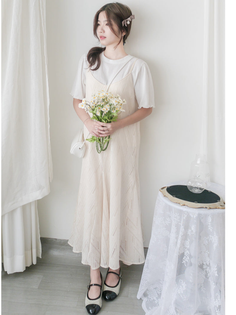 （高質布料款式) 通花菱格PATTERN精緻肩帶傘魚尾吊帶裙/ DS9656