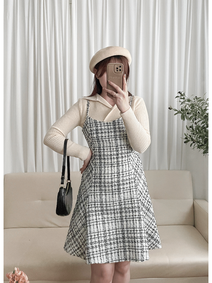 Tweed Dress 混閃十字線合身後橡筋膝上連身裙/ DS9788 (black sold out)