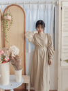 Beige Dress 百搭素雅左右開叉配銀釦腰帶連身裙/ DS9804