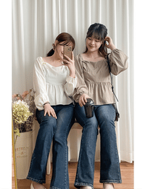 Ribbon Blouse 橡筋方領蝴蝶裝飾假修腰裙擺上衣/ BU9075 (Milktea sold out )
