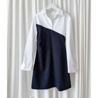 Navy Spliced Shirt Dress 深藍直條紋拼接恤衫裙/ DS9702