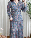 [限量現貨回歸]   Blue Flower Dress V領藍調花布遮肉皺皺布連身裙/ DS9740