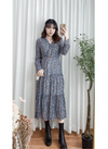 [限量現貨回歸]   Blue Flower Dress V領藍調花布遮肉皺皺布連身裙/ DS9740