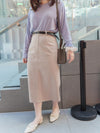 （附送腰帶) Belt Skirt 簡潔腰身偏厚棉後開叉直身裙/ SK8854