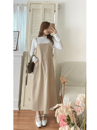 Casual Elegant Vest Dress 輕盈隨性感杏色仿皮吊帶裙/ DS9756