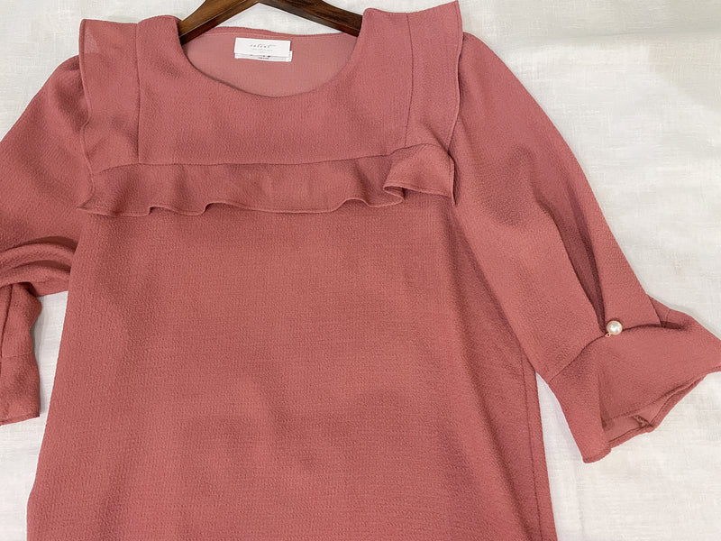 (不透肉雪紡) My ruffle Pearl, Blouse 不透肉雪紡立體荷葉珍珠手袖上衣/ BU9059