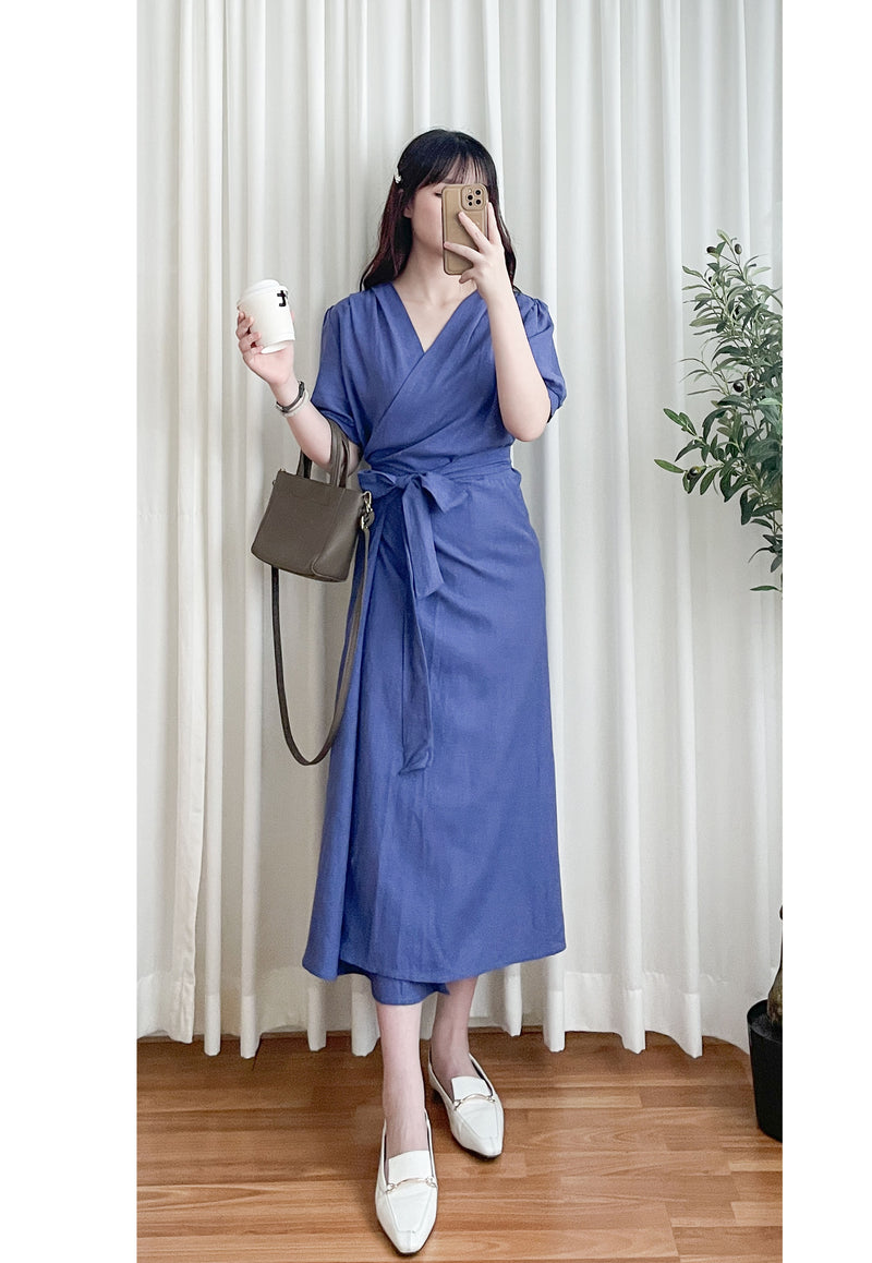 (超靚紫藍色) SlateBlue, Dress 紫藍內鈕扣包式裙擺寬鬆修身連身裙/ DS9640