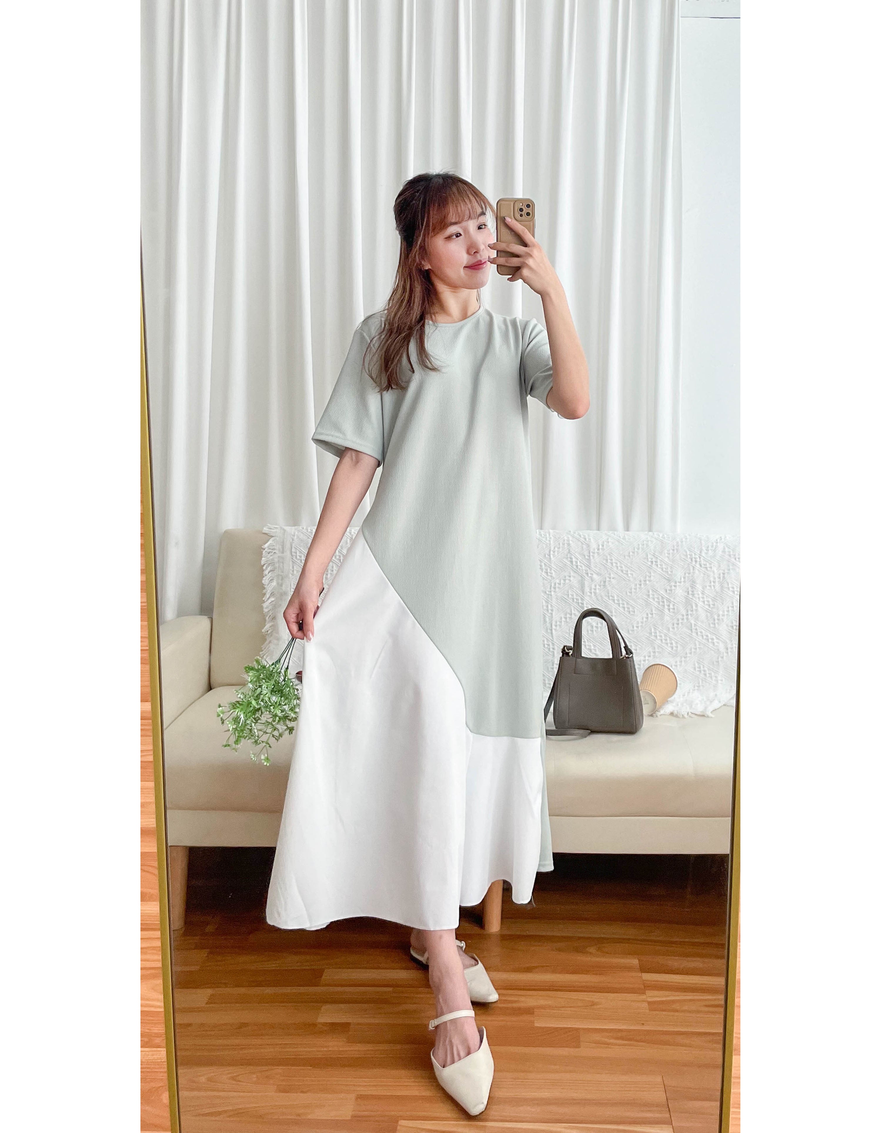 (CP超高 不經意的氣質) 拼色傘形不易皺飄逸連身裙, Dress/ DS9461
