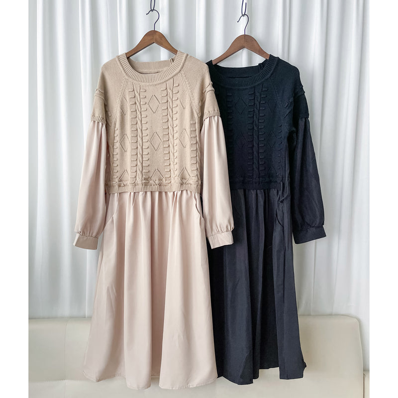 Knit Dress 設計感織紋拼布隨性連身裙/ DS9803