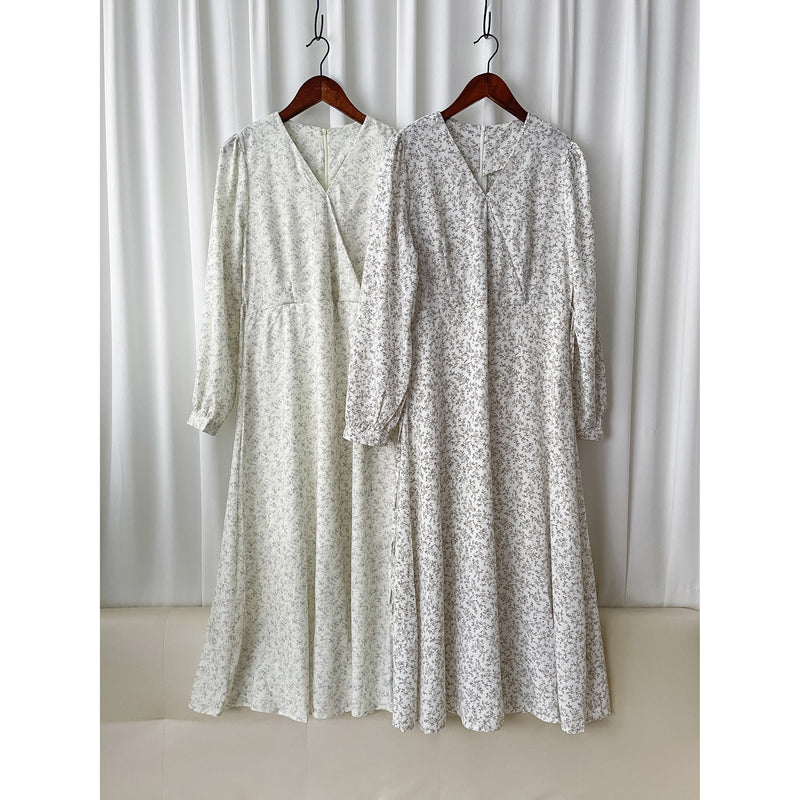 Branches Dress 花枝印花疊V領修腰連身裙/ DS9809